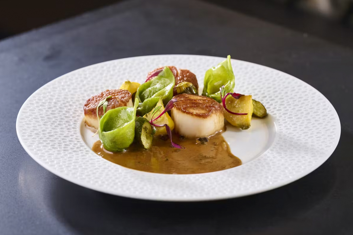 scallops and greenery on white plate with dark background